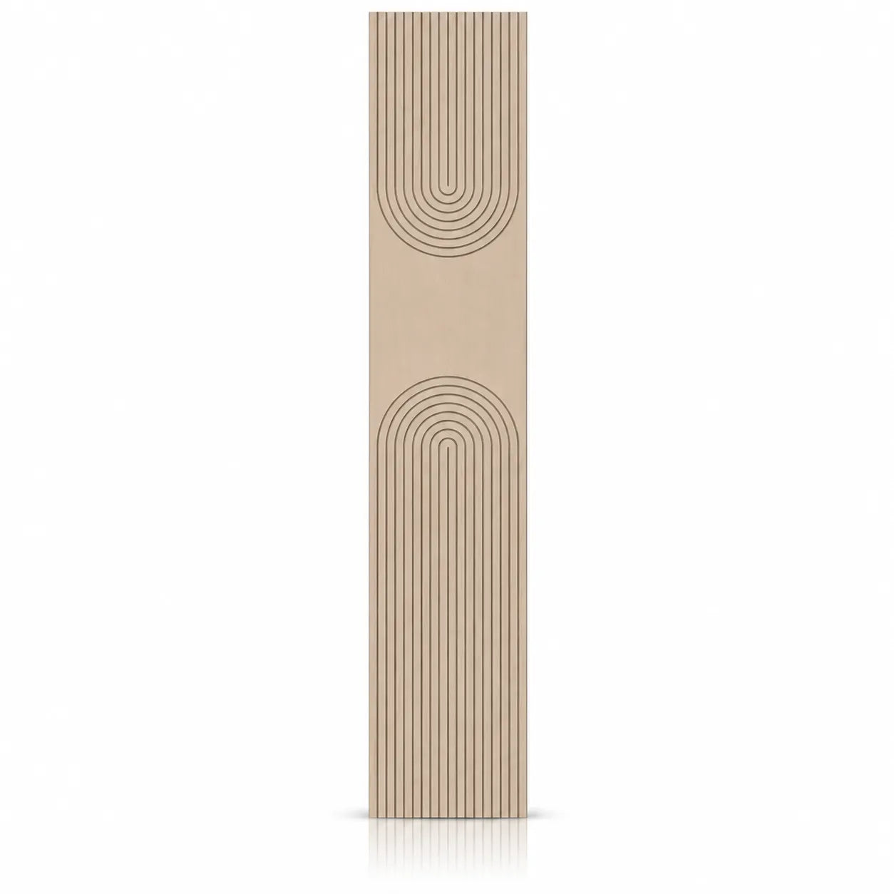 Front view of a tall oak-effect GrooveCraft acoustic MDF wall panel with mirrored U-shaped milled grooves