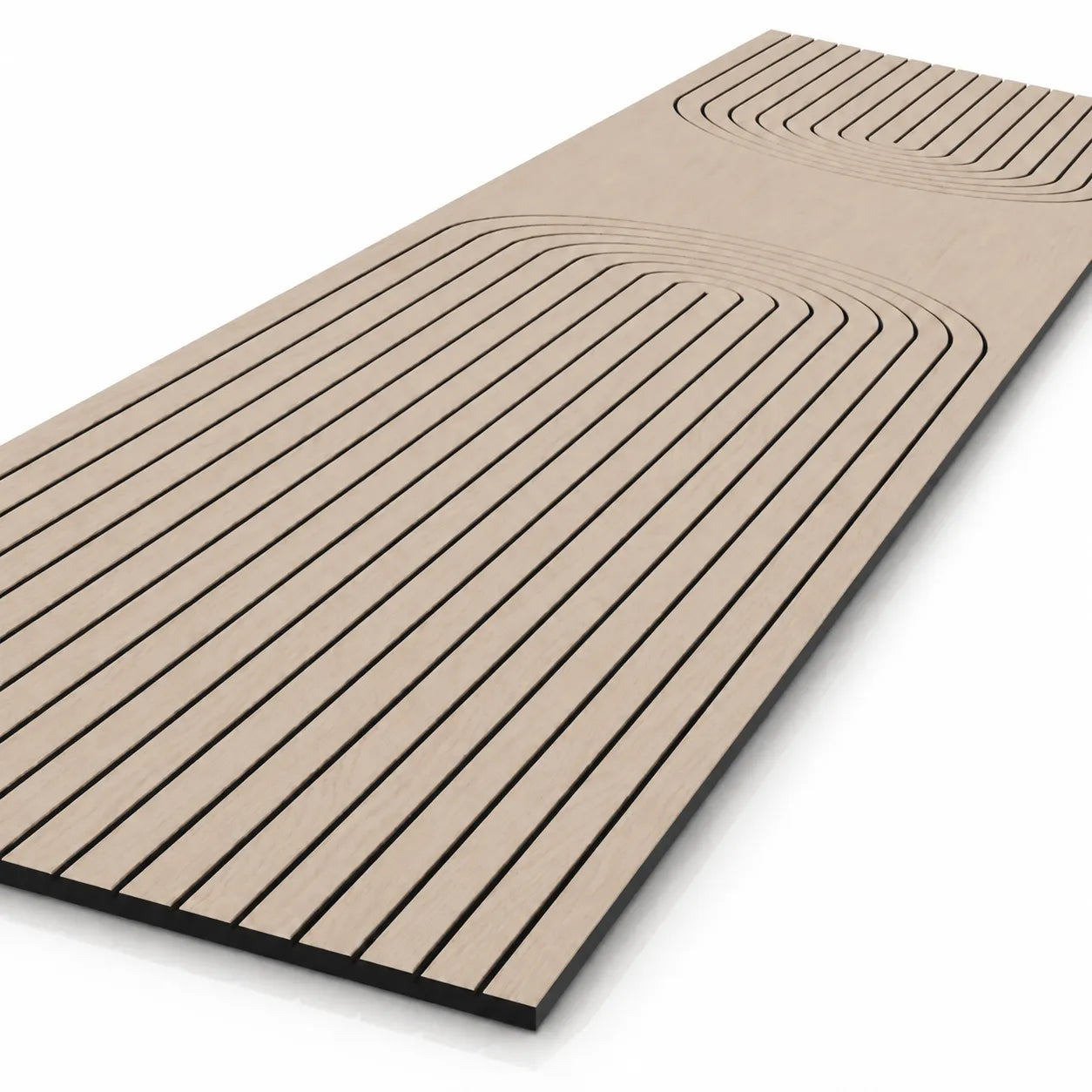 Angled close-up of an oak-effect milled acoustic MDF panel with vertical grooves and mirrored rounded arch patterns