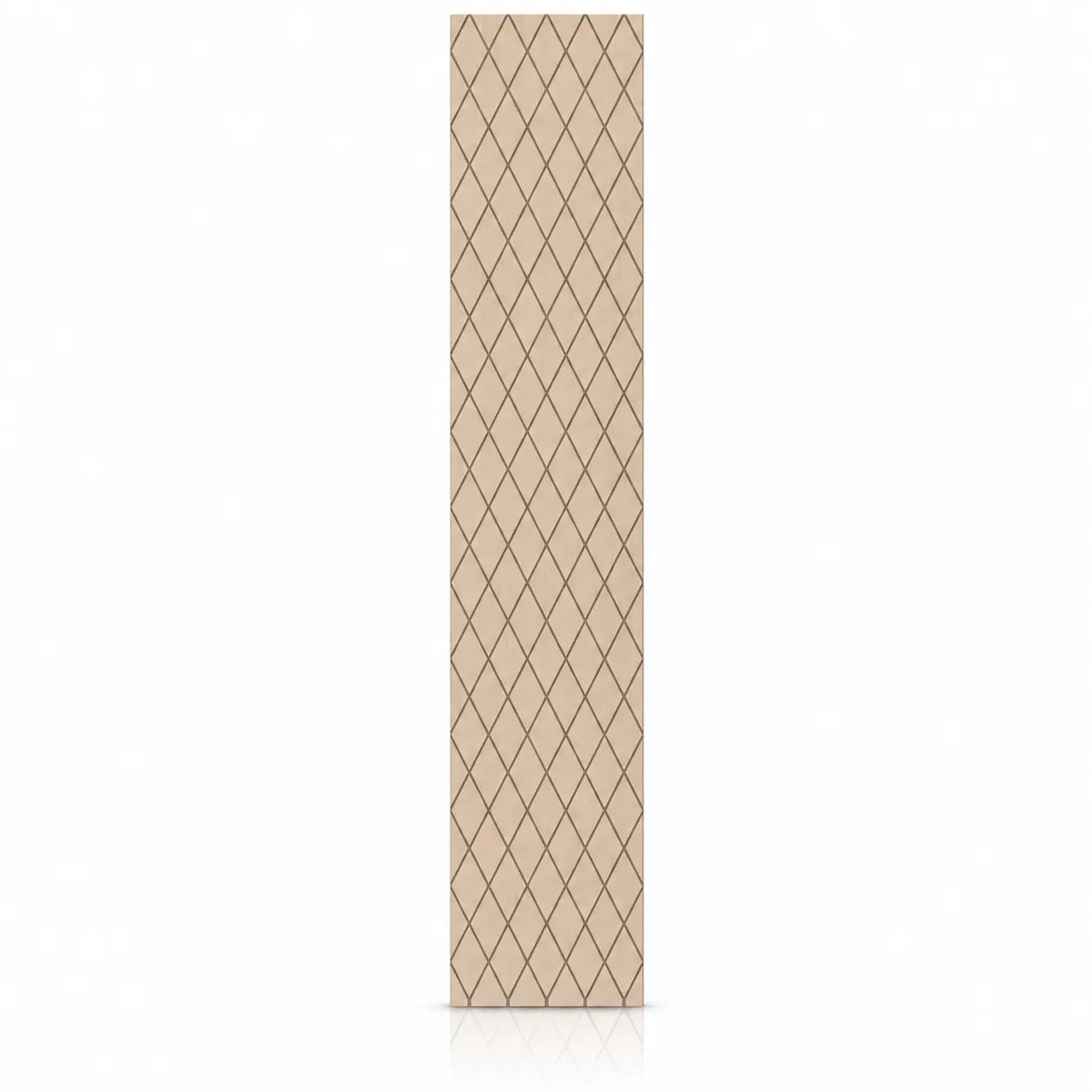 Front view of a tall oak-effect acoustic MDF wall panel with evenly spaced diamond-shaped milled grooves
