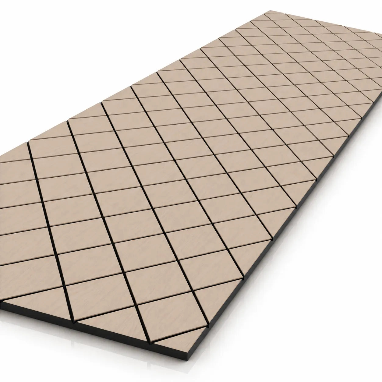 Angled close-up of an oak-effect GrooveCraft milled acoustic MDF panel with a diamond lattice pattern and black core