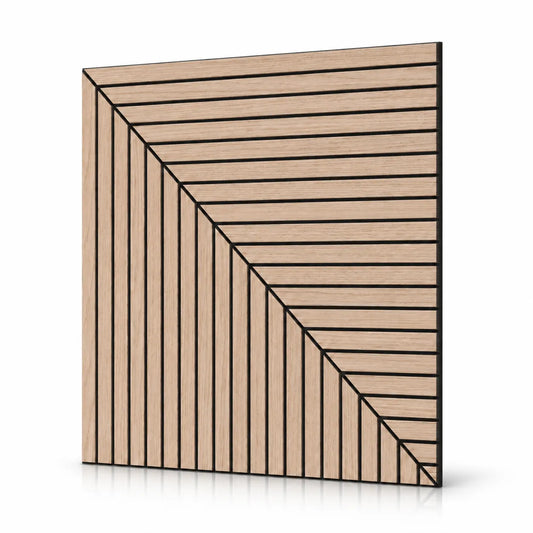 Square oak-effect MDF acoustic wall panel with vertical and diagonal milled grooves on a white background