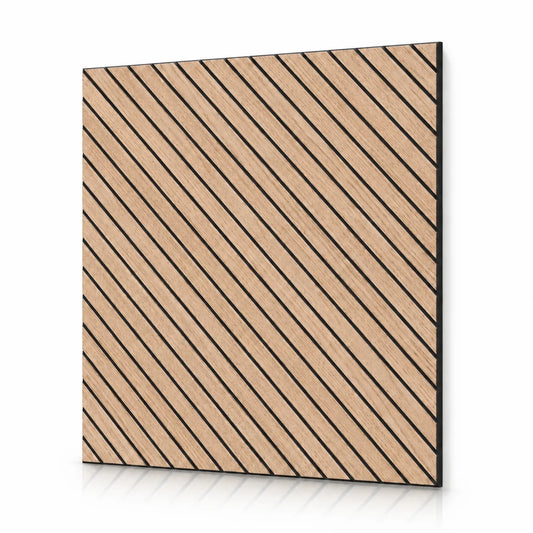 Square oak veneer MDF acoustic wall panel with diagonal milled grooves shown at an angle on a white background