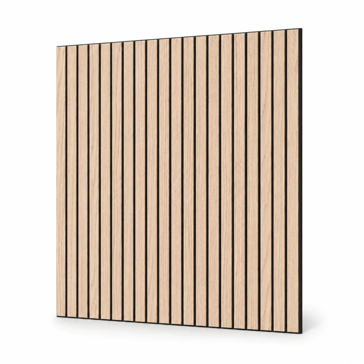 GrooveCraft milled acoustic wall panel with vertical oak veneer slats on a black MDF base shown at an angle