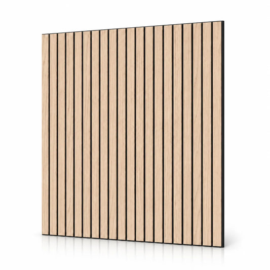 GrooveCraft milled acoustic wall panel with vertical oak veneer slats on a black MDF base shown at an angle
