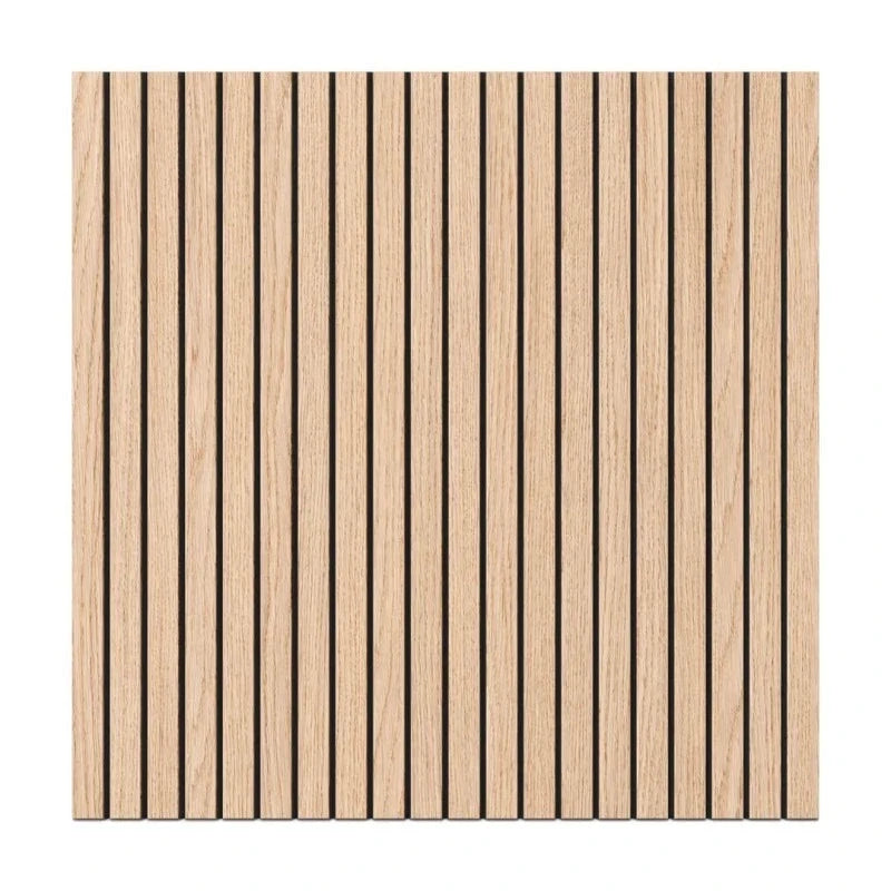 Front view of a square oak veneer acoustic wall panel with narrow vertical slats and black grooves