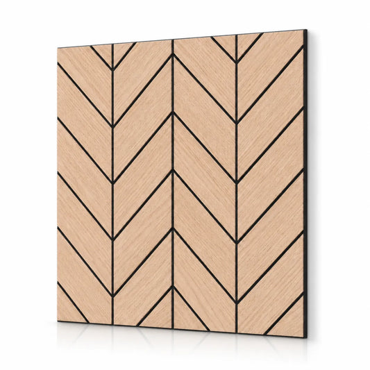 Angled product view of a square oak veneer acoustic wall panel with a geometric chevron pattern and black MDF grooves