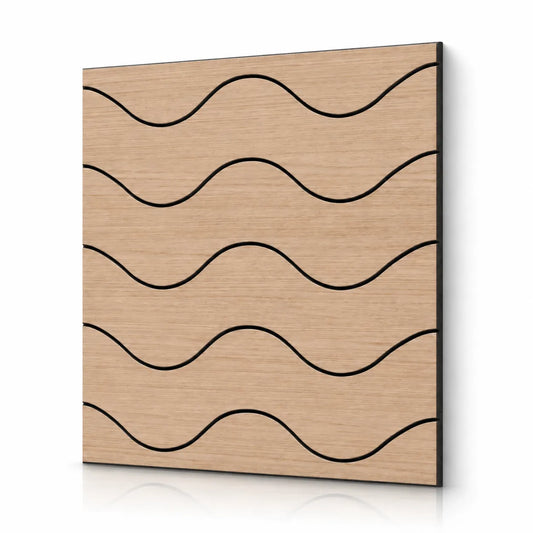 Angled product view of a square oak veneer acoustic wall panel with repeating horizontal wave grooves