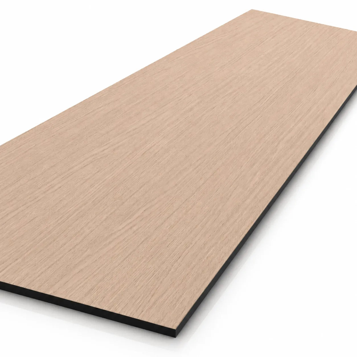 Close-up perspective view of a light oak veneered MDF wall panel with black edges and a soft shadow on a white background