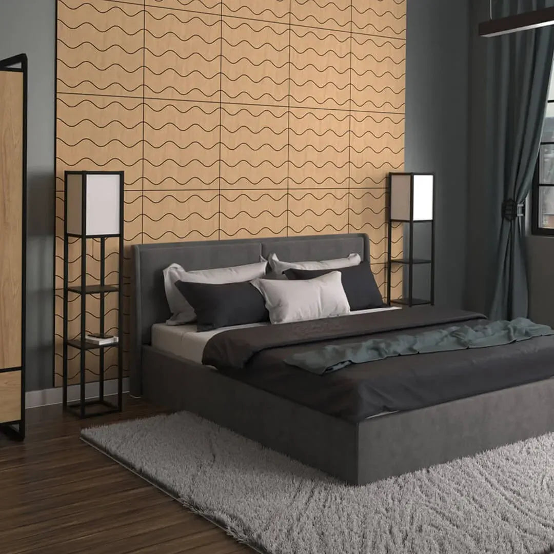 Modern GrooveCraft Milled Acoustic Wall Panels MDF – Model 8 in bedroom interior Decormania UK