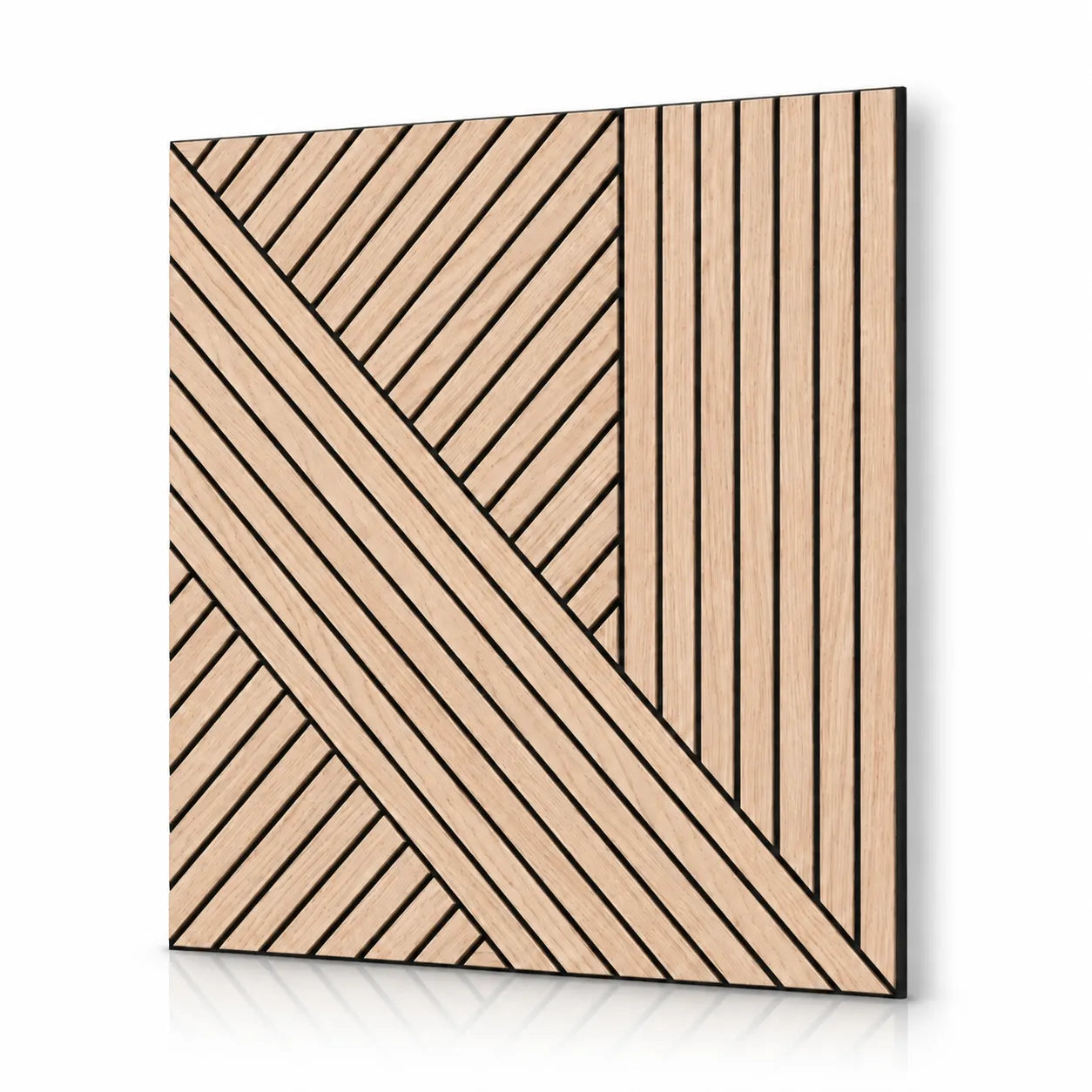 Square light oak acoustic MDF wall panel with geometric diagonal and vertical grooves, shown with a soft shadow on a white background