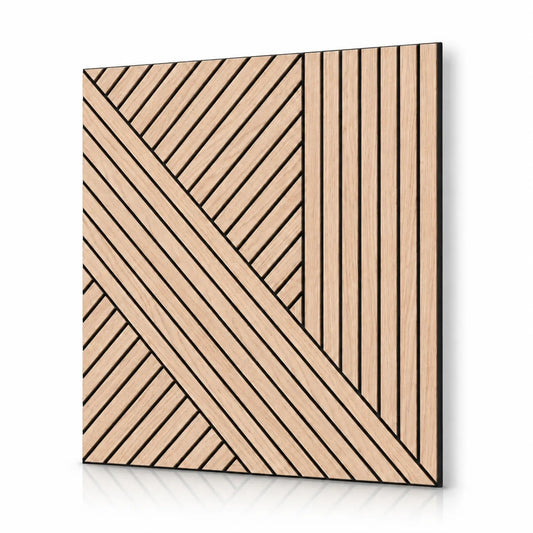 Square light oak acoustic MDF wall panel with geometric diagonal and vertical grooves, shown with a soft shadow on a white background