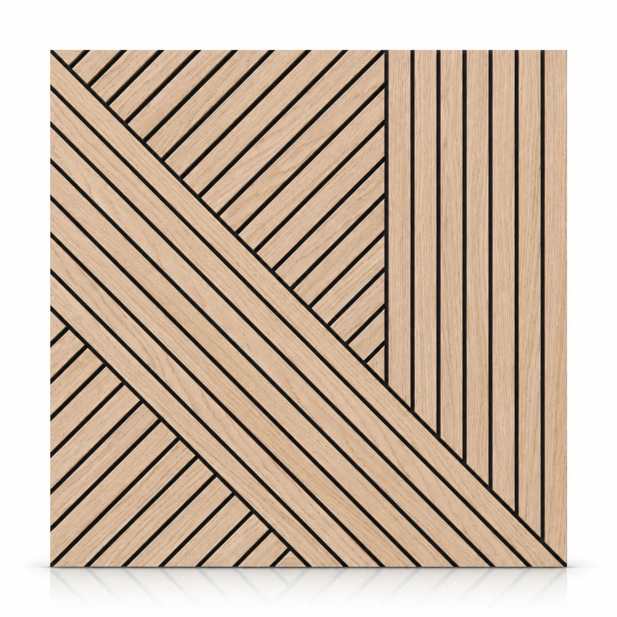Front view of a square light oak acoustic MDF wall panel featuring a geometric pattern of diagonal and vertical black grooves