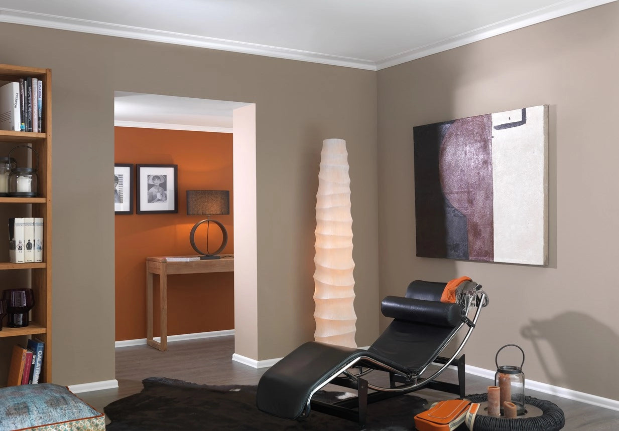 NOMASTYL® NMC 2m Ceiling Coving on plain wall and ceiling in living room interior Decormania UK