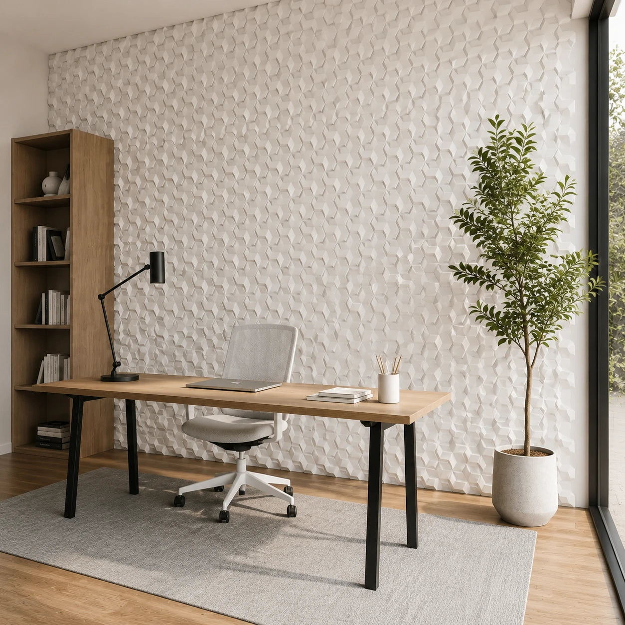 Modern study room with white HEXA-2 3D polystyrene wall panels, viewed at a 45-degree angle from the right