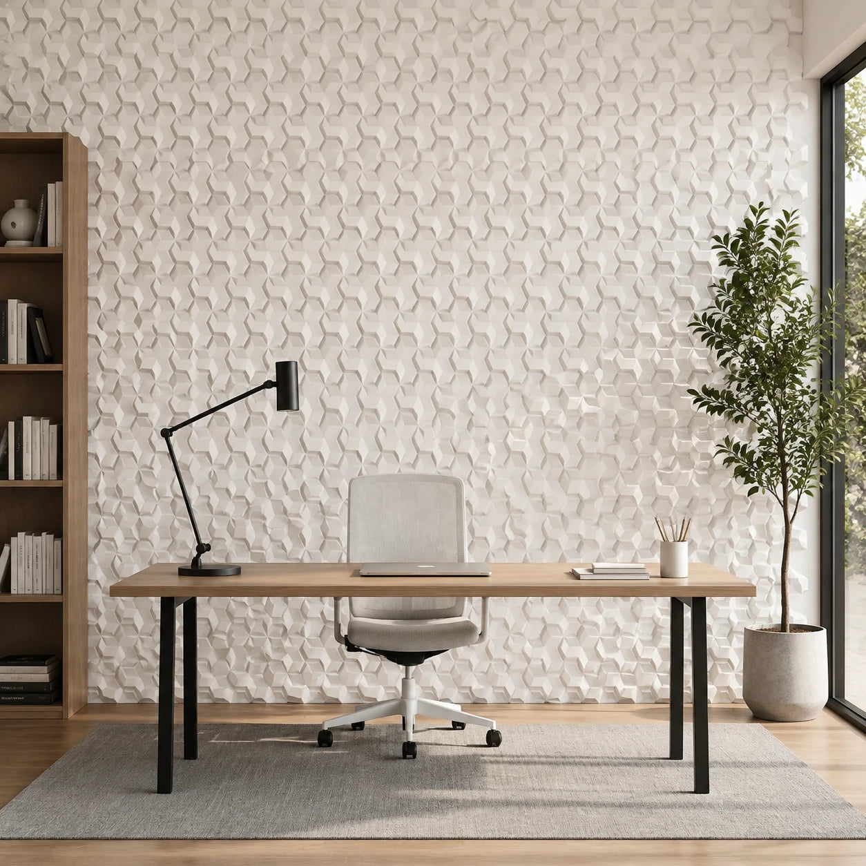 Front view of a modern study room featuring white HEXA-2 3D polystyrene wall panels and a minimalist wooden desk