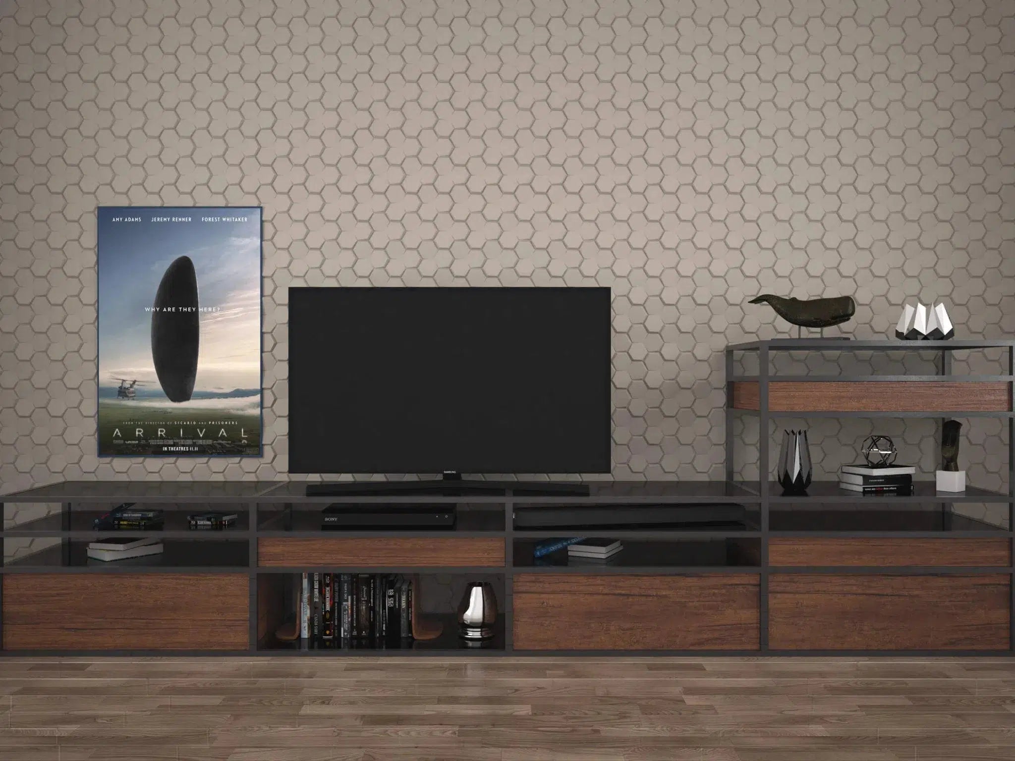 HEXA 3D Decorative Wall Panels - Polystyrene installed on the wall with tv | DecorMania UK