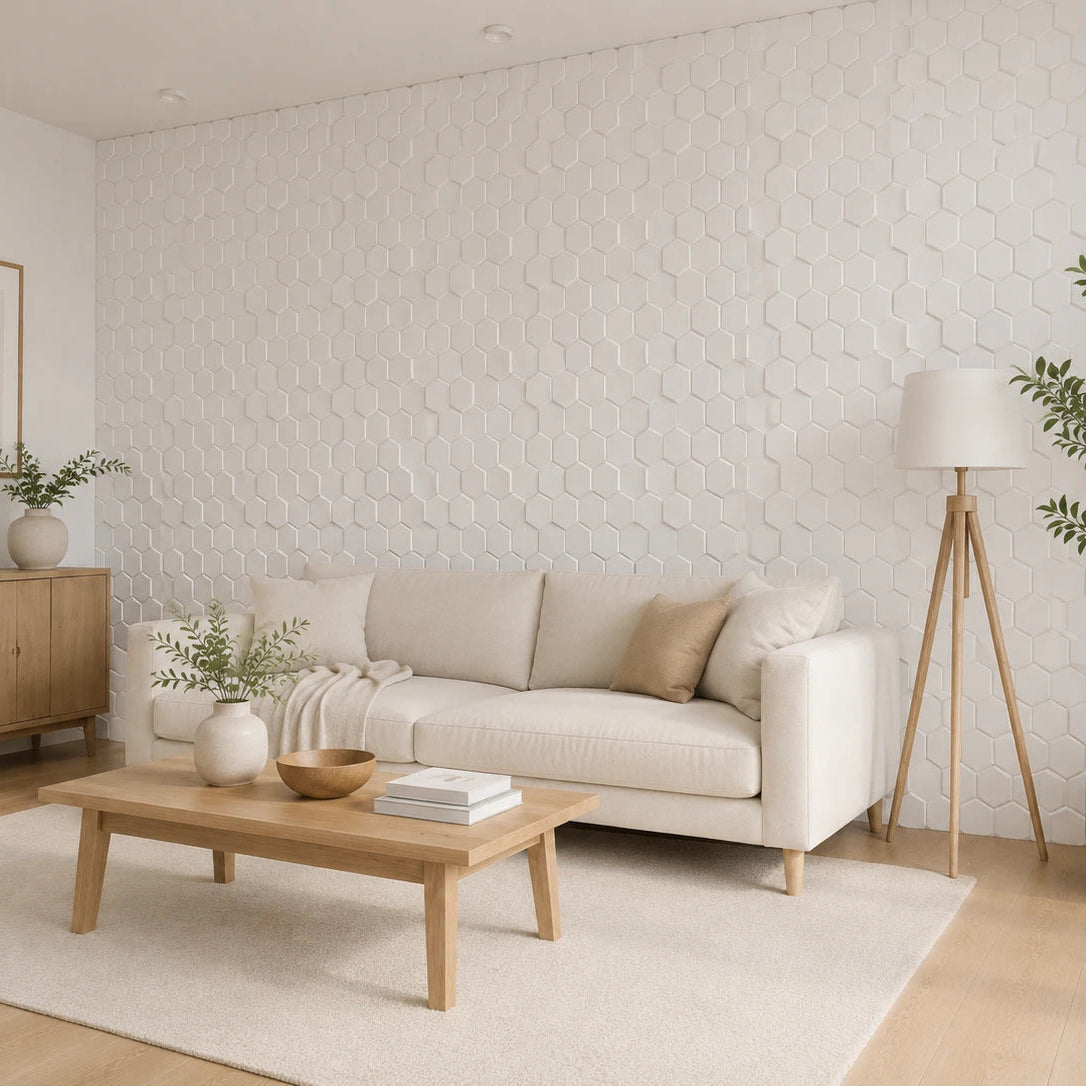 Angled view of a bright Scandinavian living room with a cream sofa, light wood furniture, neutral décor, and a full wall covered with white raised hexagonal 3D panels