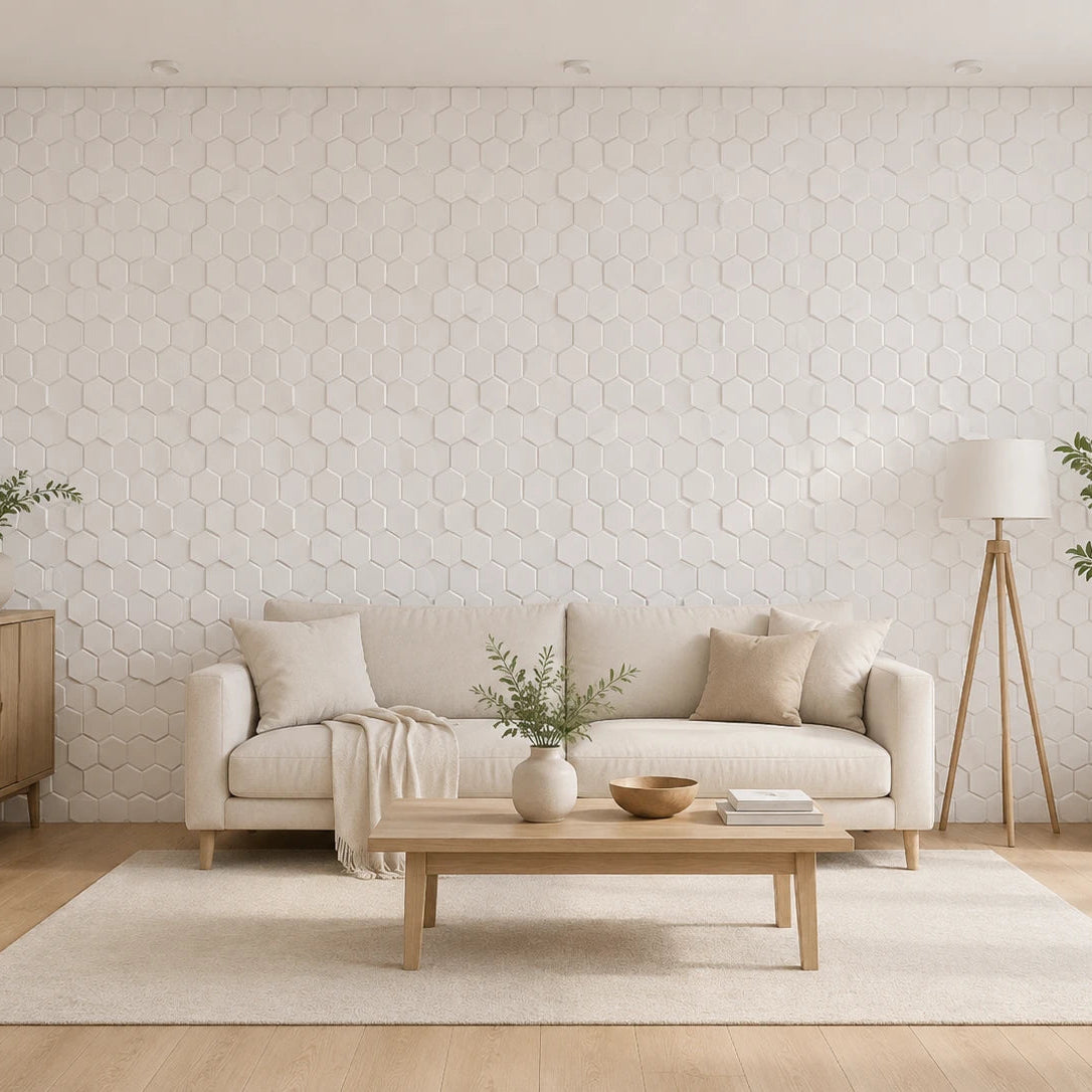 Front view of the same Scandinavian living room featuring a centered cream sofa, wooden coffee table, floor lamp, indoor plants, and a regular honeycomb wall made of white hexagonal panels