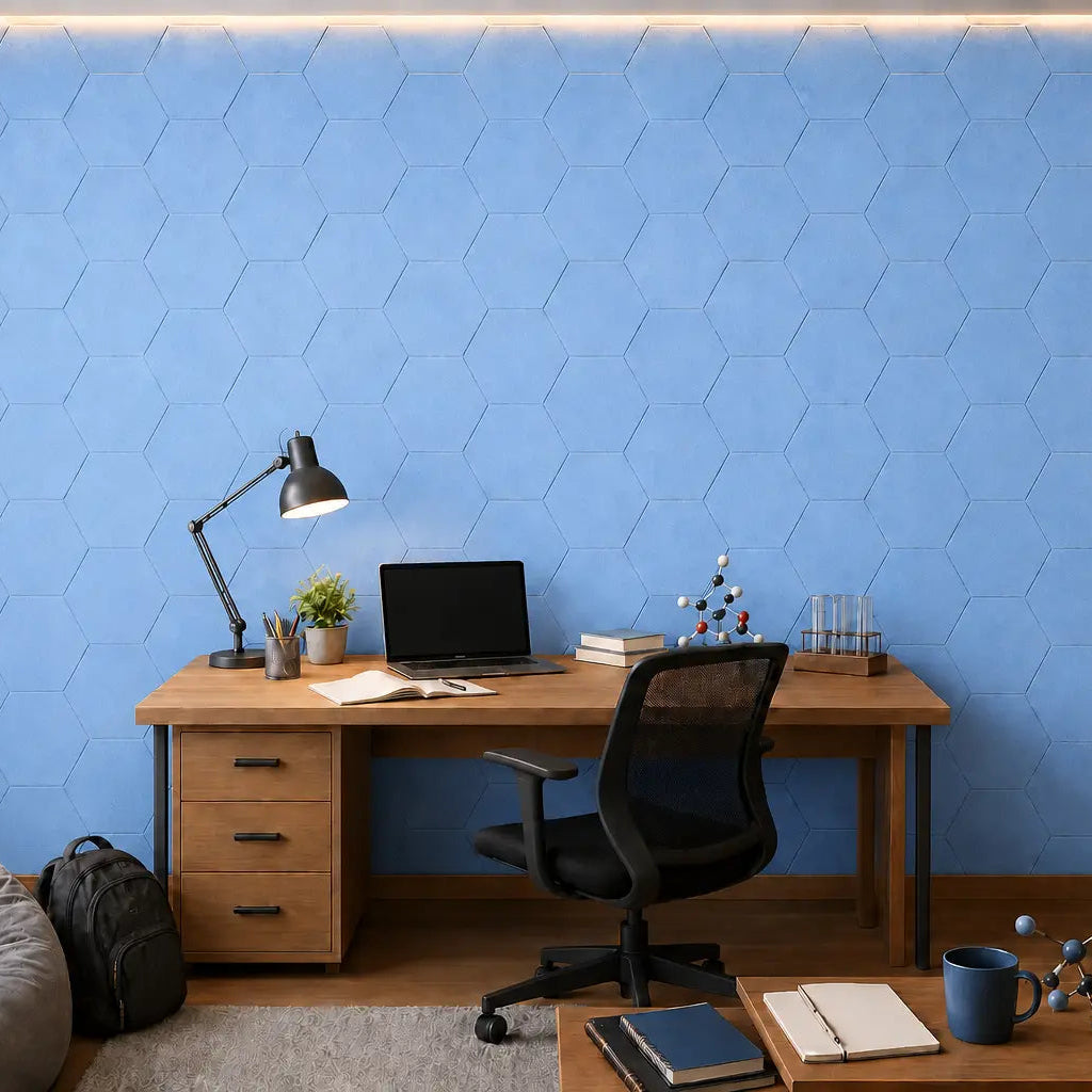 Blue HEXA 3D PET felt wall panel with a geometric hexagonal shape frontal view