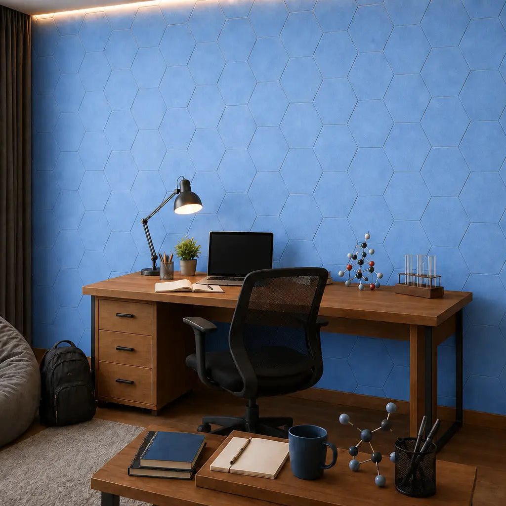 Blue HEXA 3D PET felt wall panel with a geometric hexagonal shape side view
