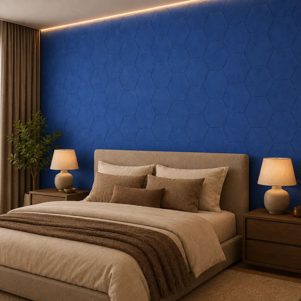 Dark blue HEXA 3D PET felt wall panel with a geometric hexagonal shape side view
