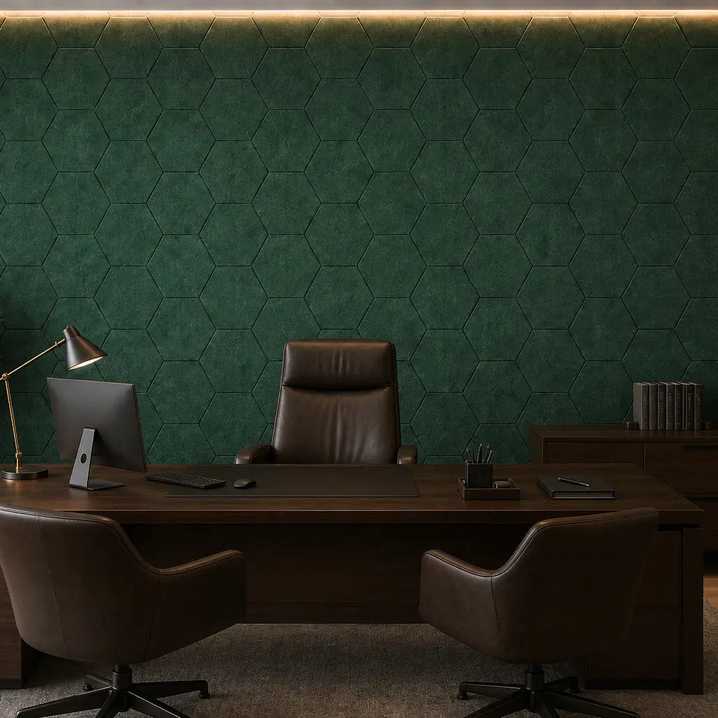 Dark green HEXA 3D PET felt wall panel with a geometric hexagonal shape front view