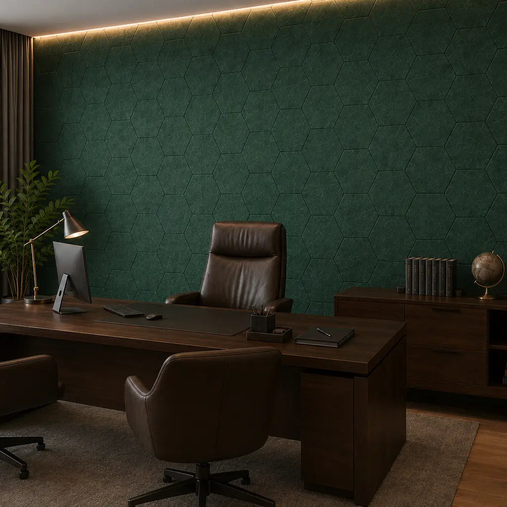 Dark green HEXA 3D PET felt wall panel with a geometric hexagonal shape side view
