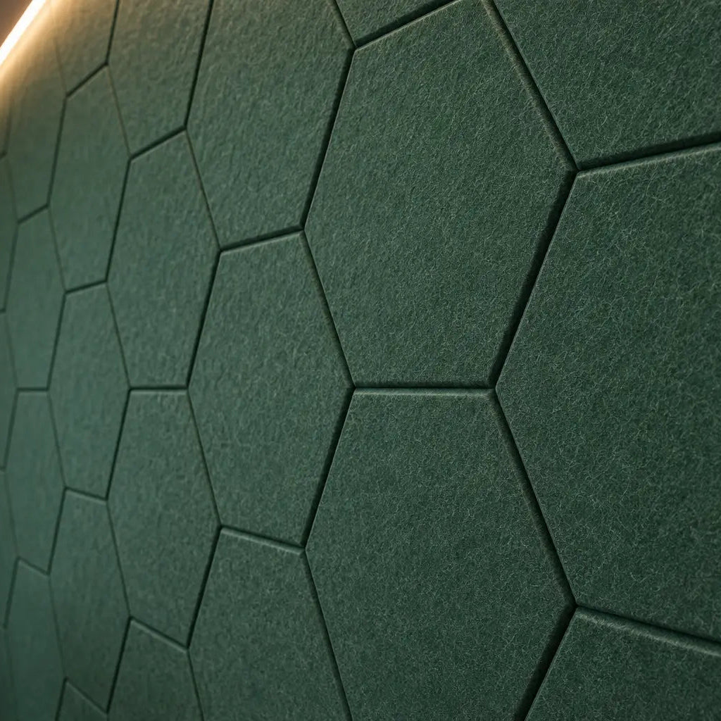 Dark green HEXA 3D PET felt wall panel with a geometric hexagonal shape close up view