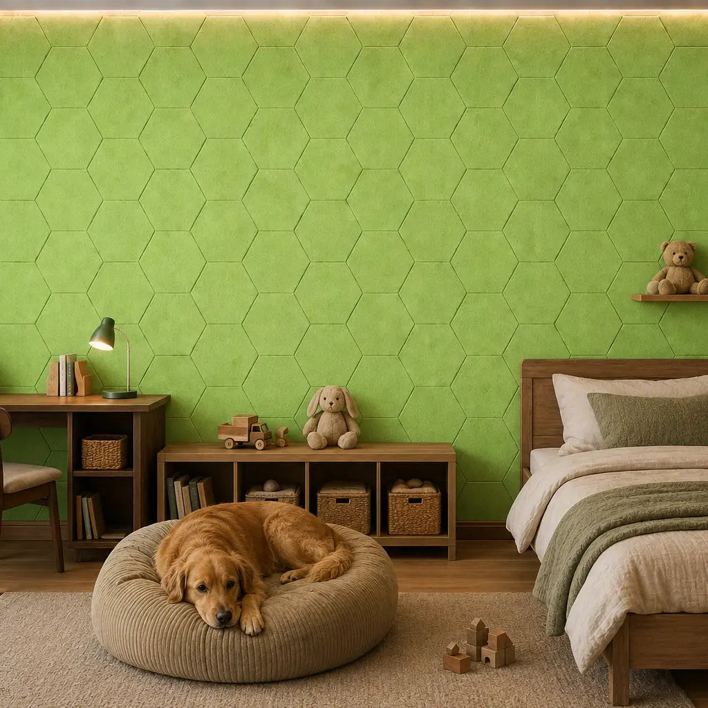 Green HEXA 3D felt PET wall panels in a cosy child’s bedroom with a wooden bed, study desk, storage unit and dog bed front view