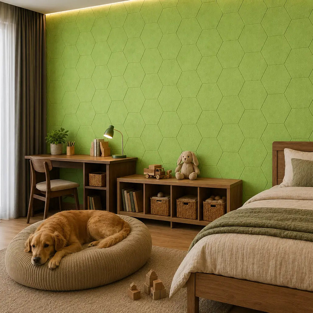 Green HEXA 3D felt PET wall panels in a cosy child’s bedroom with a wooden bed, study desk, storage unit and dog bed side view