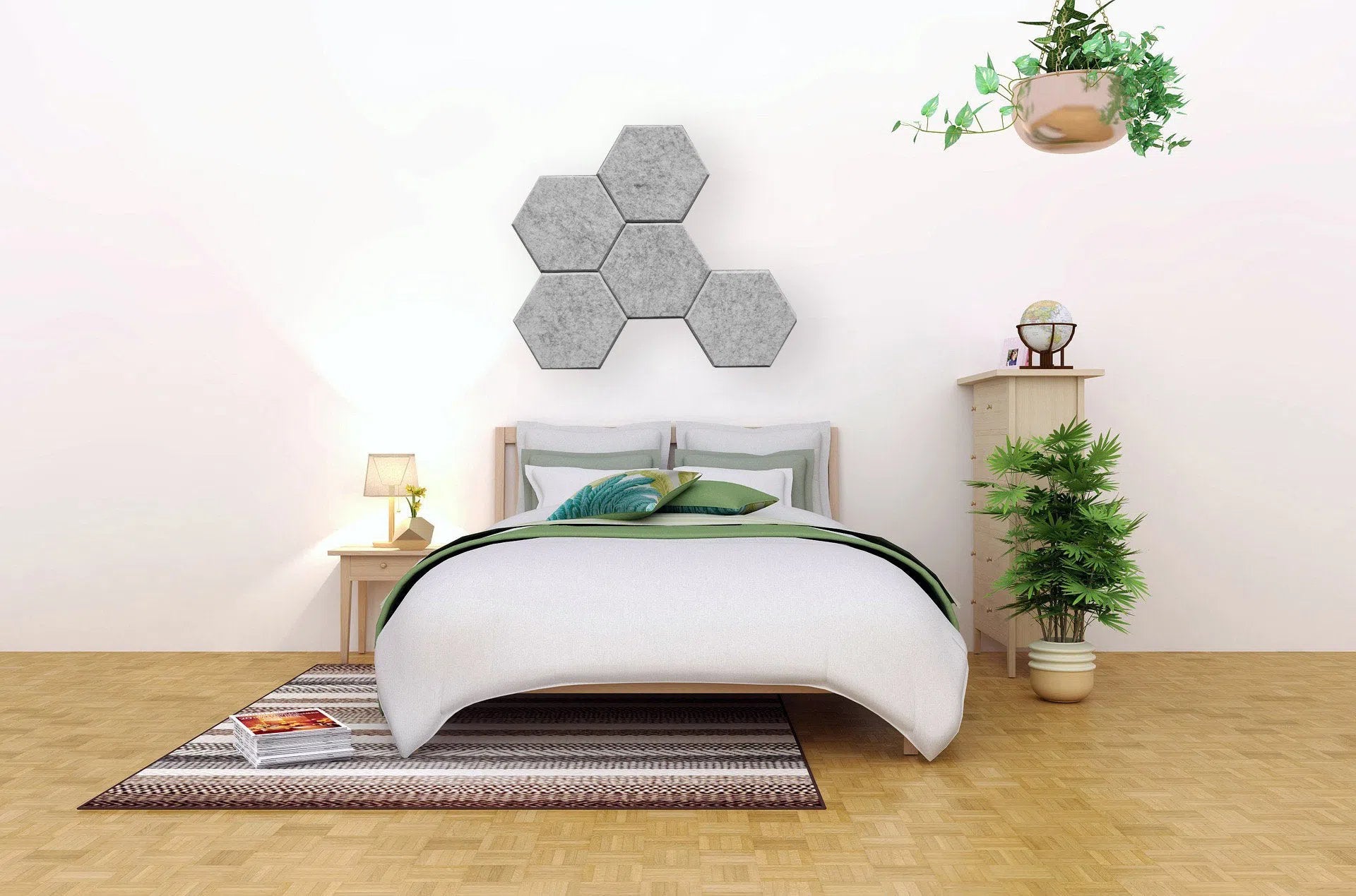 HEXA 3D Felt PET Wall Panels - GREY in a cozy bedroom | DecorMania UK