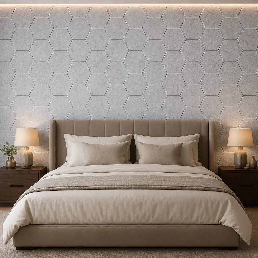 Grey HEXA 3D felt PET wall panels in a contemporary bedroom with a large upholstered bed, wooden furniture and warm bedside lighting front view