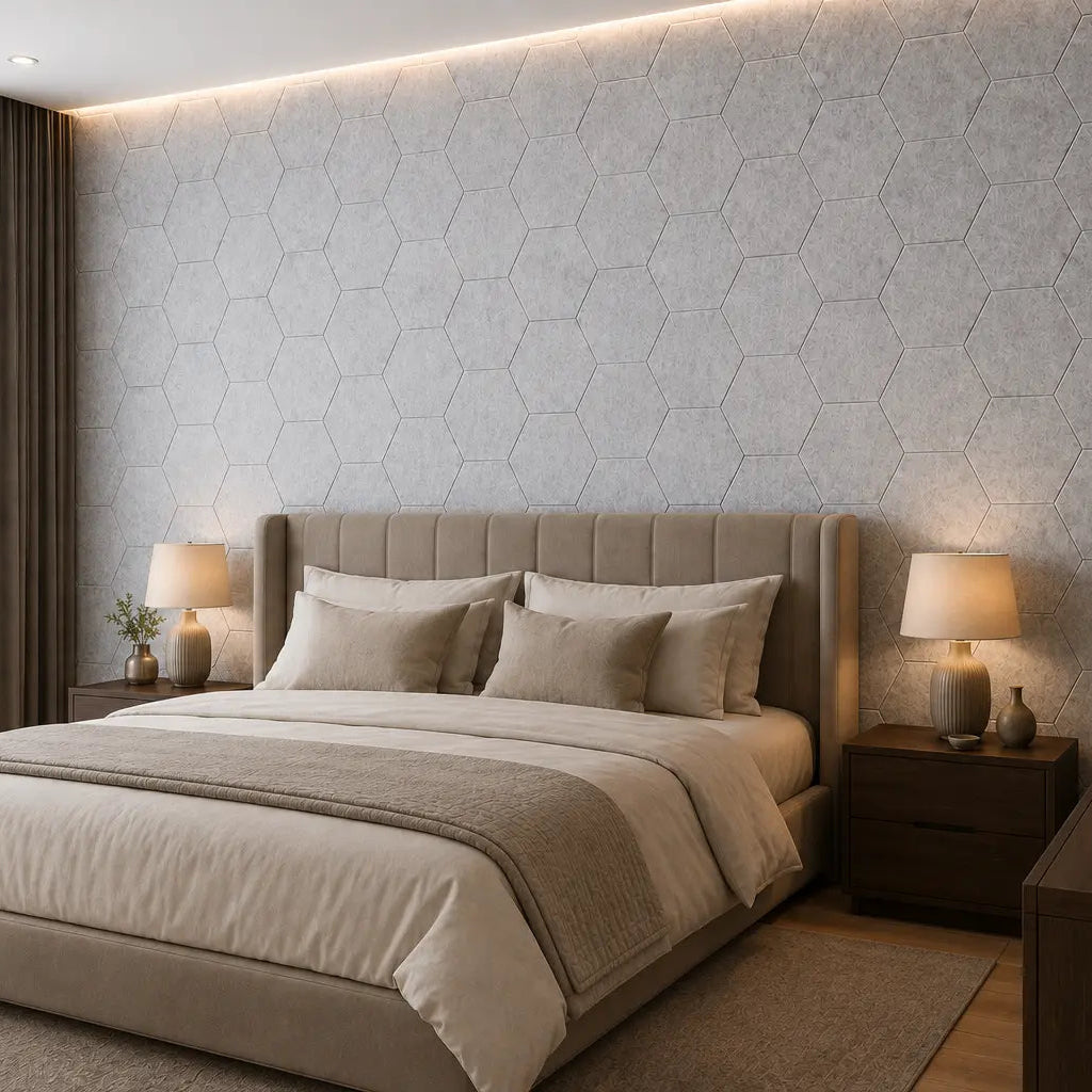 Grey HEXA 3D felt PET wall panels in a contemporary bedroom with a large upholstered bed, wooden furniture and warm bedside lighting side view