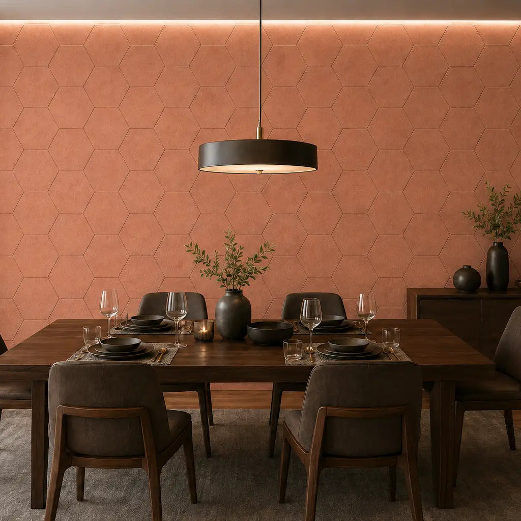 Orange HEXA 3D felt PET wall panels in an elegant dining room with a dark wooden table, upholstered chairs and pendant lighting front view