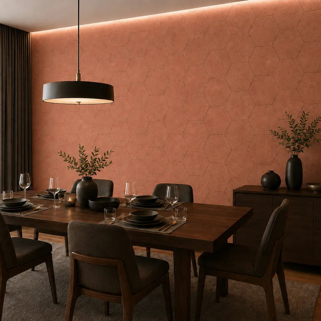 Orange HEXA 3D felt PET wall panels in an elegant dining room with a dark wooden table, upholstered chairs and pendant lighting side view