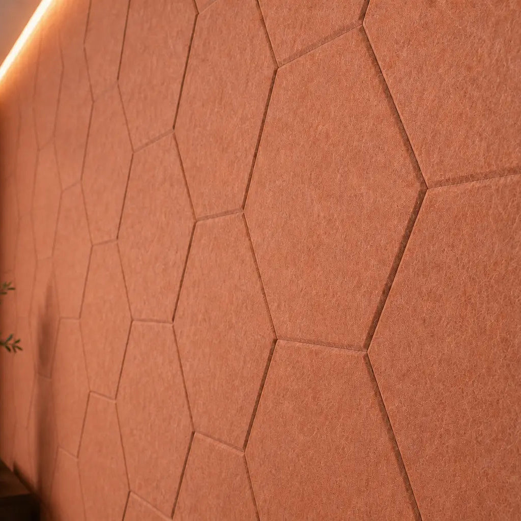 Orange HEXA 3D felt PET wall panels in an elegant dining room with a dark wooden table, upholstered chairs and pendant lighting close up view