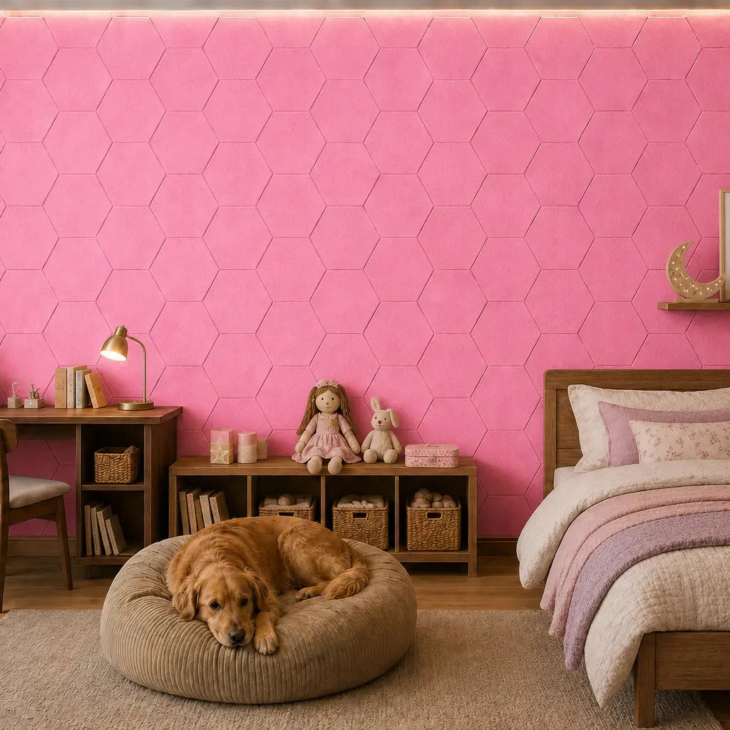 Pink HEXA 3D felt PET wall panels in a cosy child’s bedroom with a wooden bed, study desk, storage unit and dog bed front view