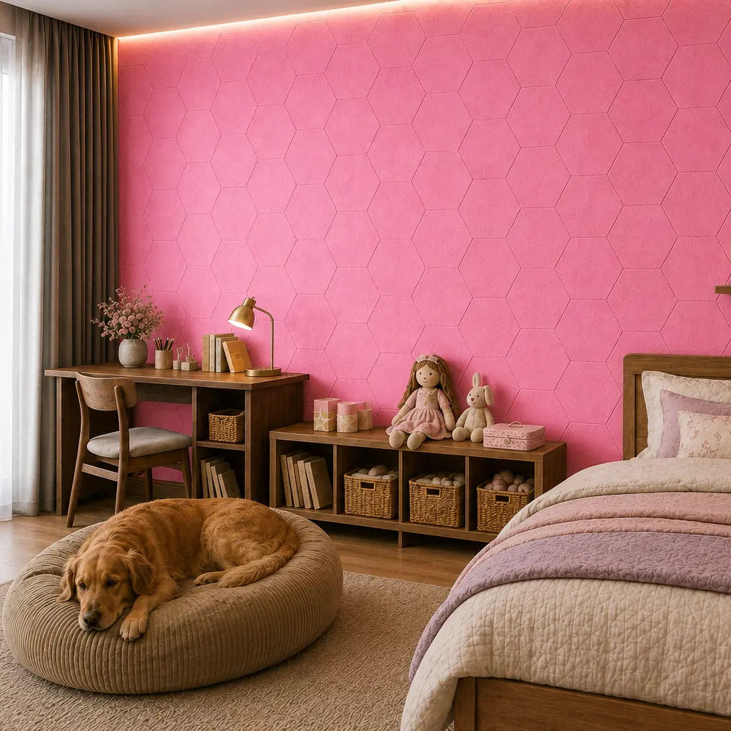 Pink HEXA 3D felt PET wall panels in a cosy child’s bedroom with a wooden bed, study desk, storage unit and dog bed side view
