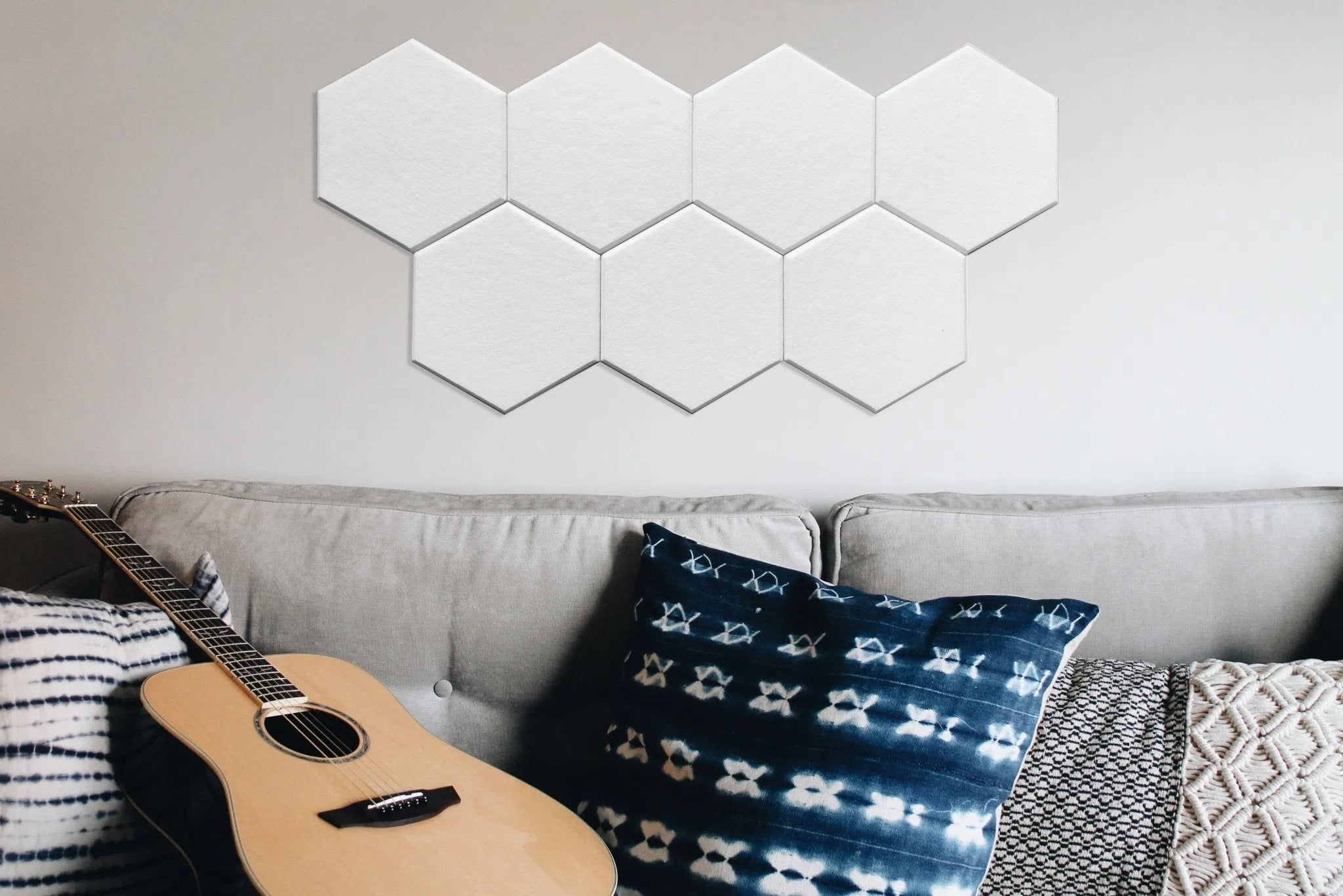 Close-up view of HEXA 3D Felt PET Wall Panels in a living room | DecorMania UK