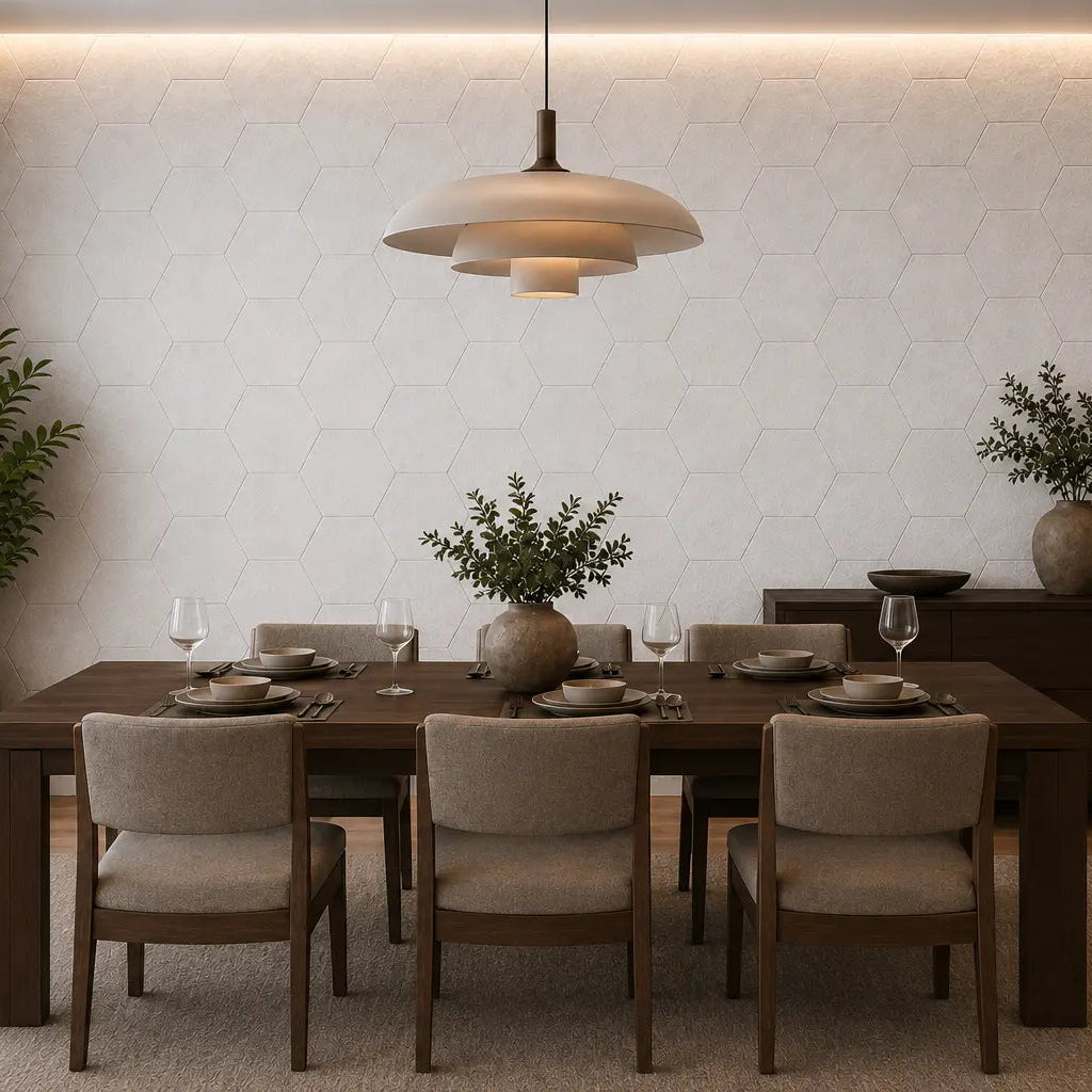 White HEXA 3D felt PET wall panels in an elegant dining room with a dark wooden table, upholstered chairs and modern pendant lighting front view