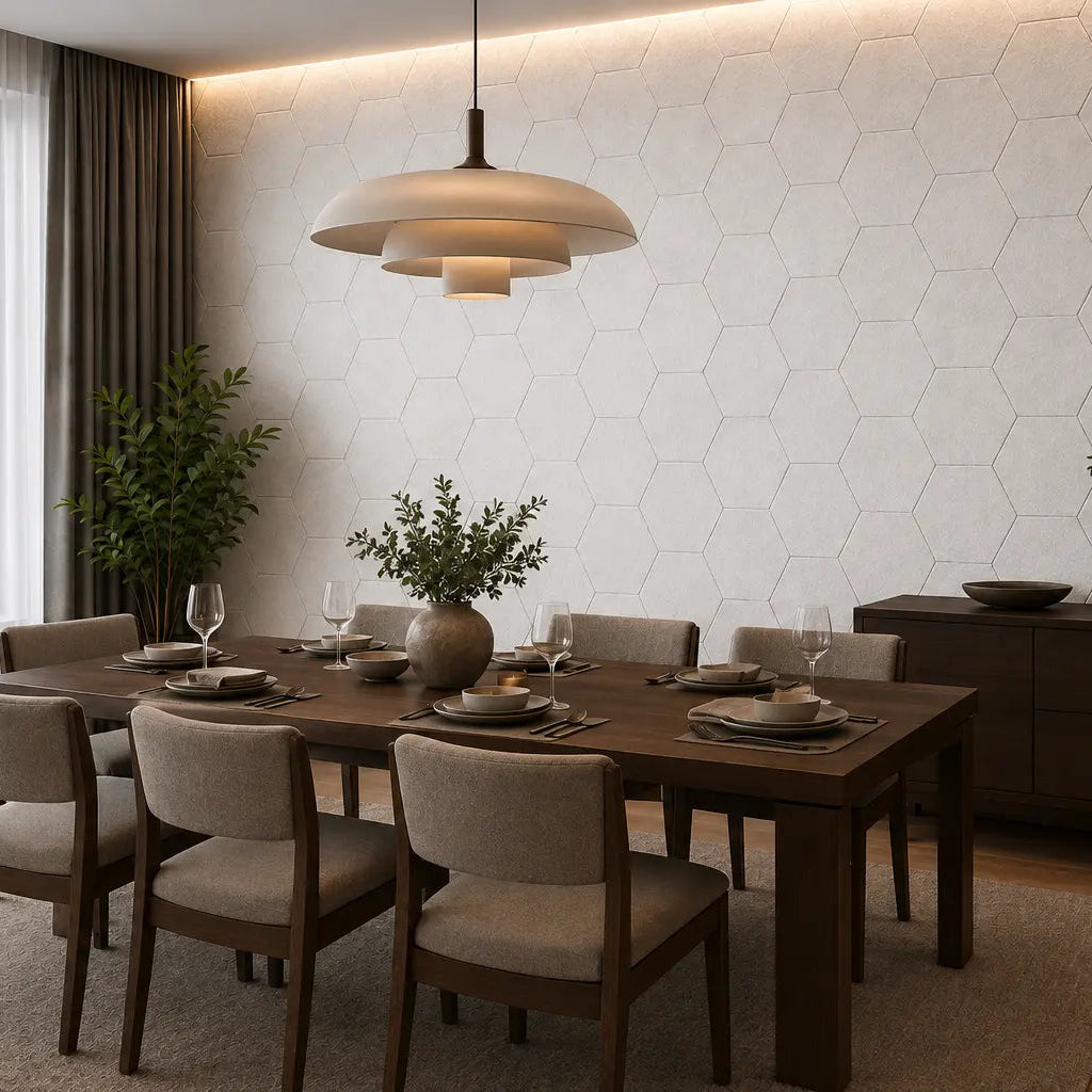 White HEXA 3D felt PET wall panels in an elegant dining room with a dark wooden table, upholstered chairs and modern pendant lighting side view
