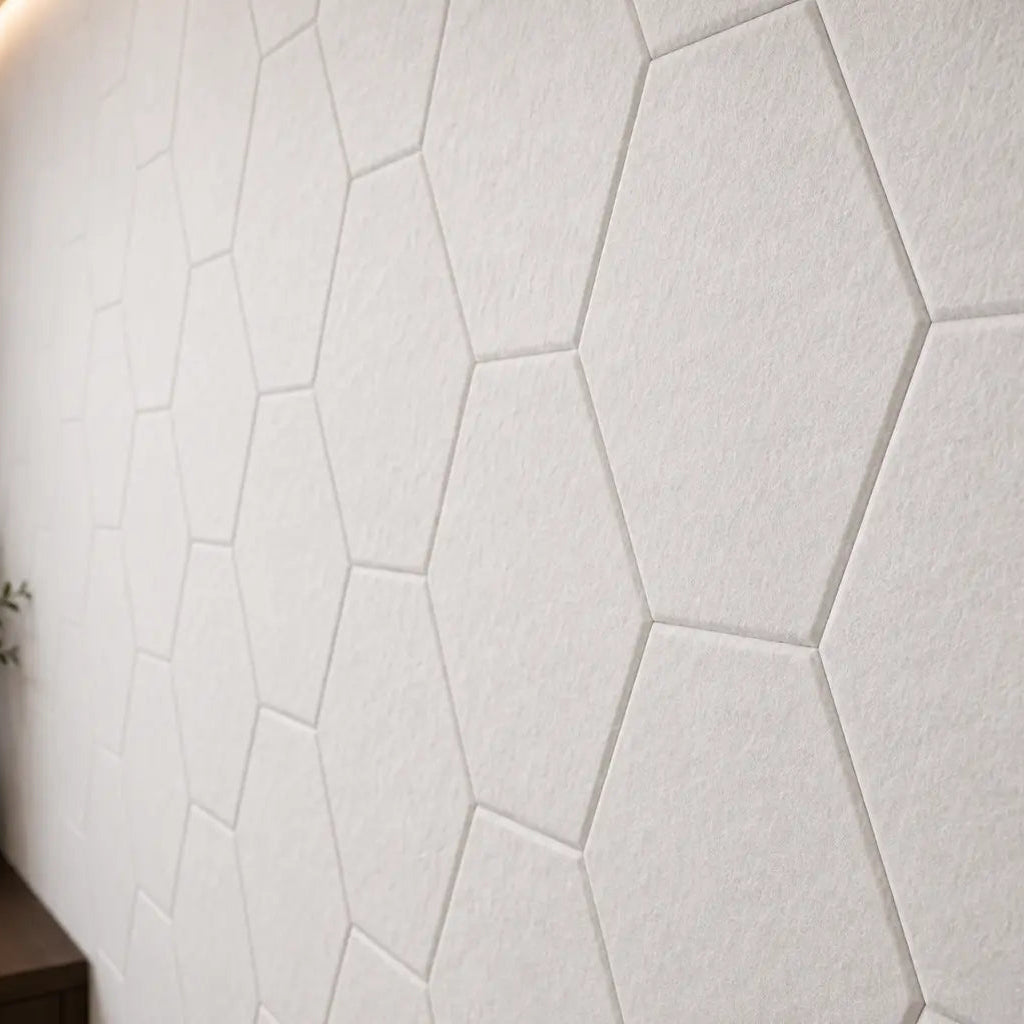 White HEXA 3D felt PET wall panels in an elegant dining room with a dark wooden table, upholstered chairs and modern pendant lighting close up view