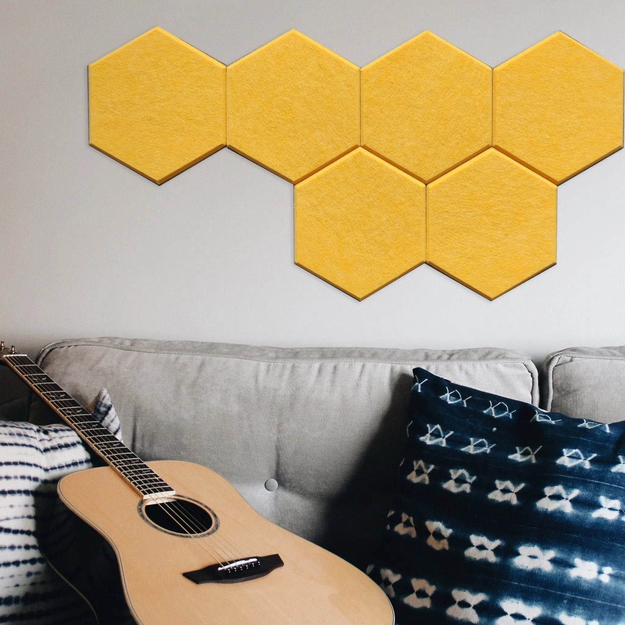 HEXA 3D Felt PET Wall Panels - YELLOW - in a modern interior | DecorMania UK