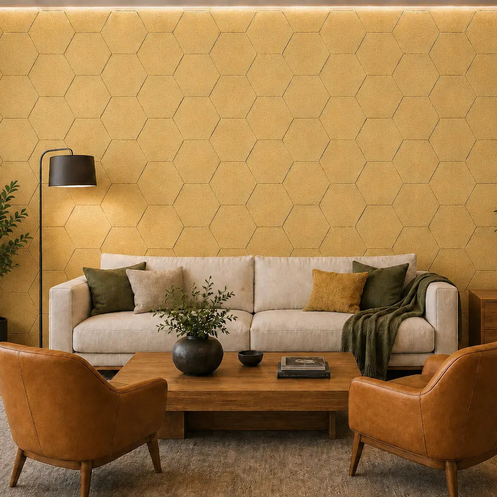 Yellow HEXA 3D felt PET wall panels in a stylish living room with a cream sofa, leather armchairs and warm wooden furniture front view