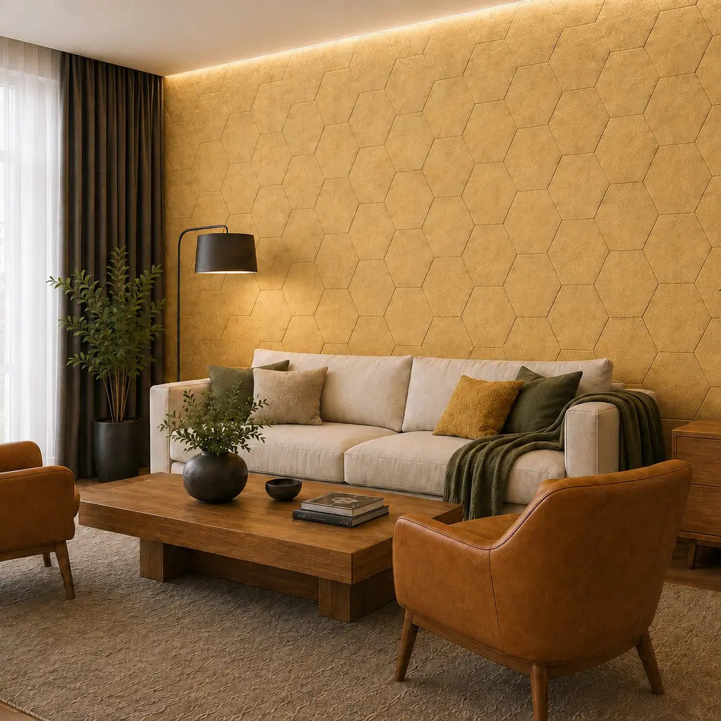 Yellow HEXA 3D felt PET wall panels in a stylish living room with a cream sofa, leather armchairs and warm wooden furniture side view