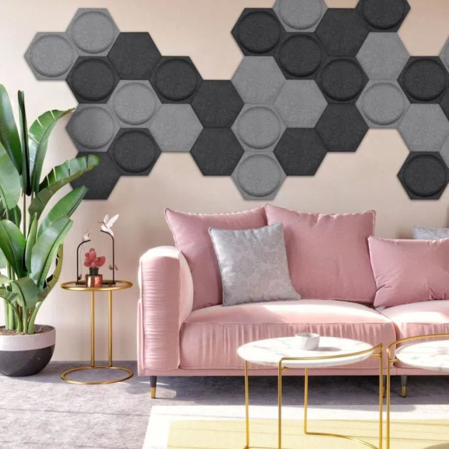 HEXA BOLD 2 3D Acoustic Felt Wall Panels in pink interior BLACK Multipack Decormania UK