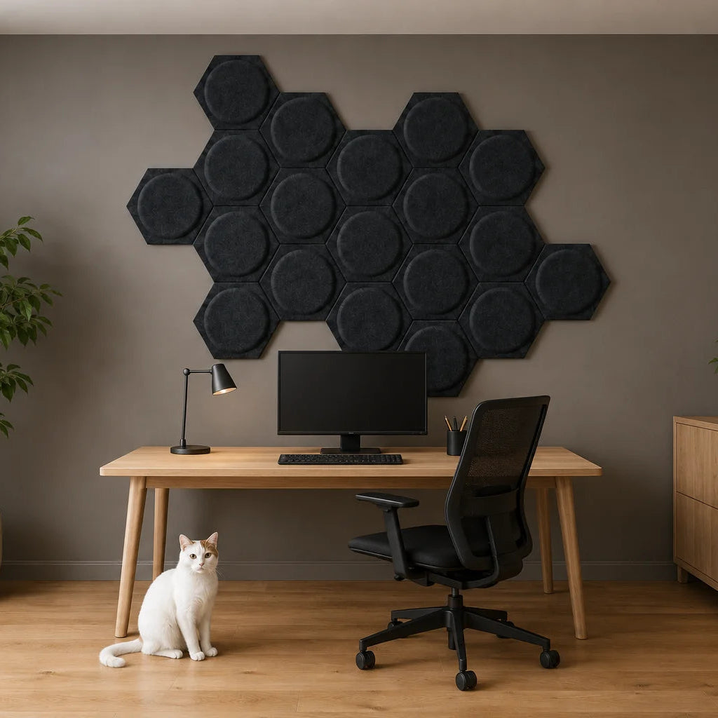 Black hexagonal 3D felt acoustic panels with raised circular centres arranged above a modern home office desk