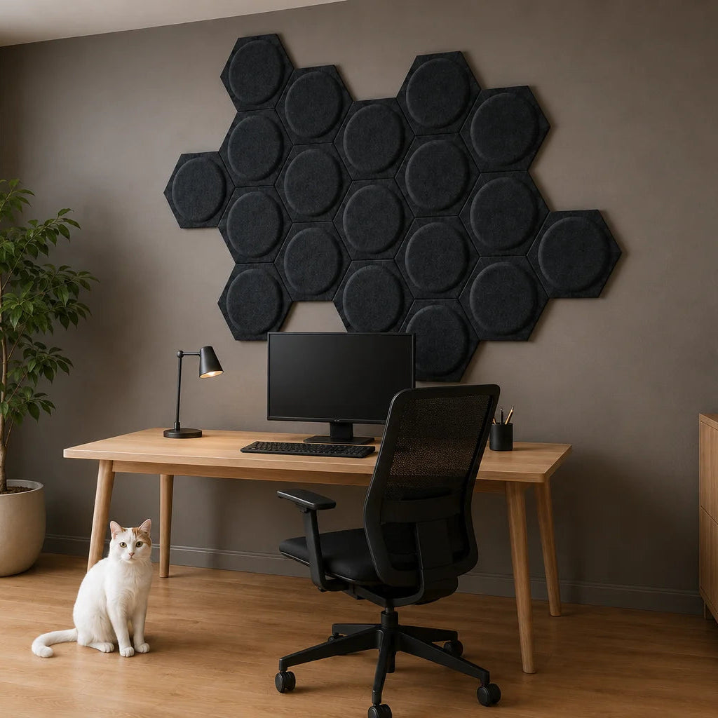 Angled view of black hexagonal 3D felt acoustic panels in a home office with wooden furniture and a white cat