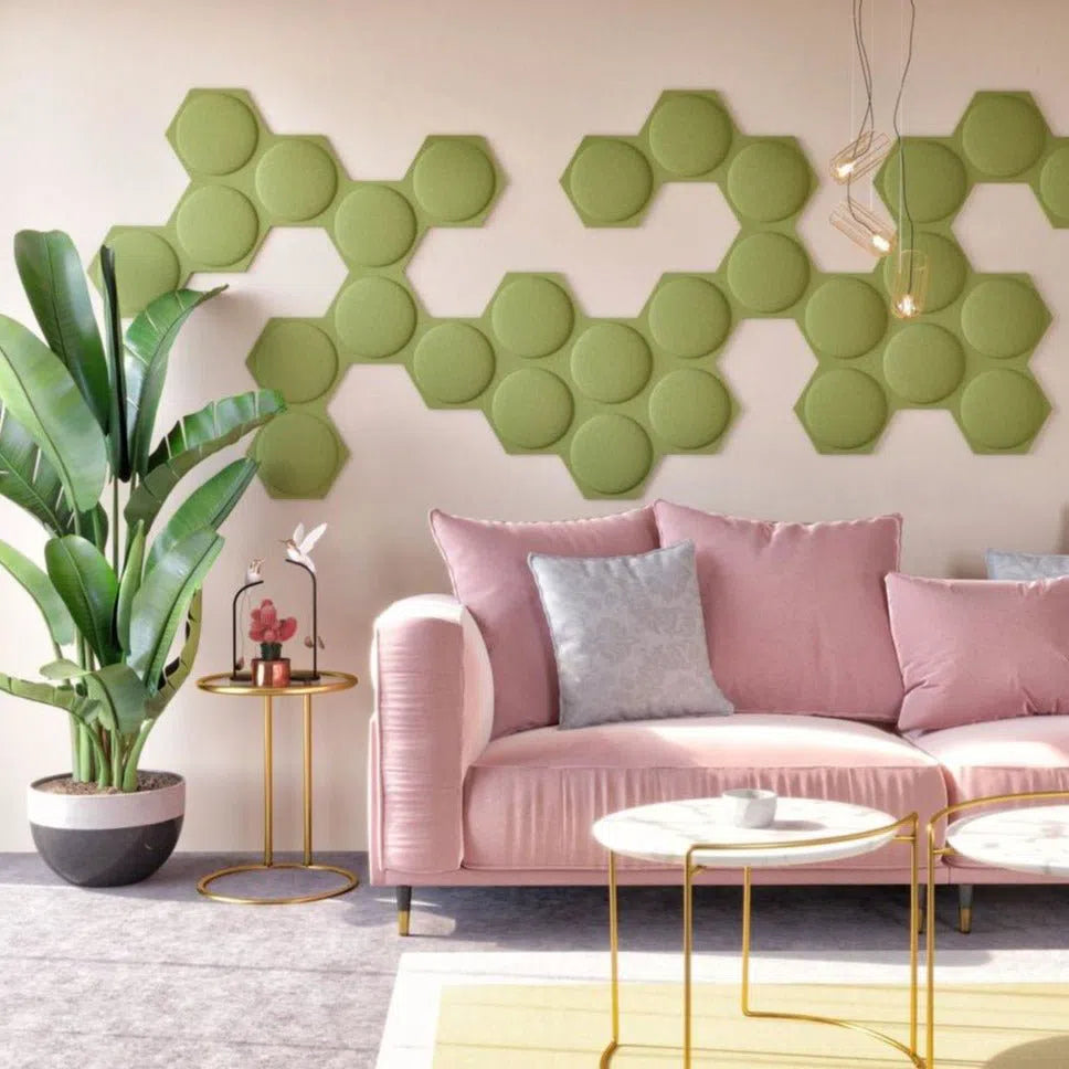 HEXA BOLD 2 3D Acoustic Felt Wall Panels in living room interior OLIVE Multipack Decormania UK