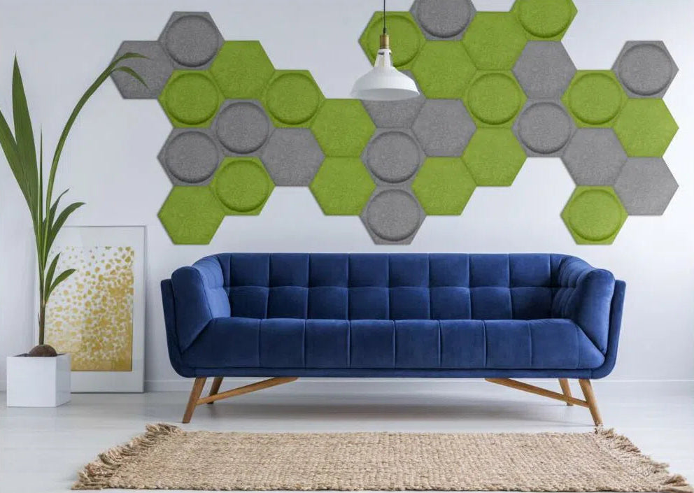 HEXA BOLD 2 3D Acoustic Felt Wall Panels feature wall behind couch OLIVE Multipack Decormania UK